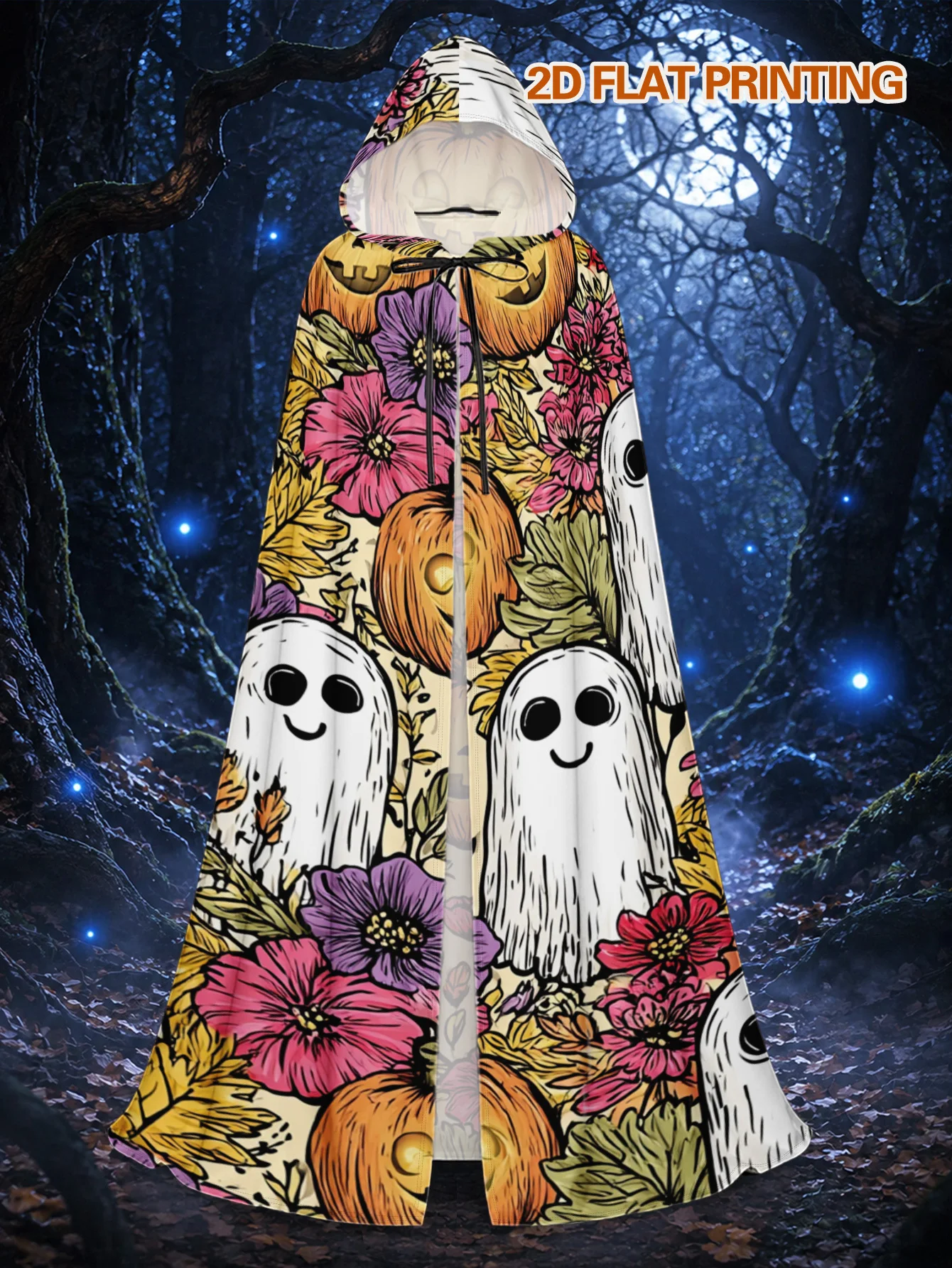 1pc, Polyester Hooded Cloak Featuring Ghosts Pumpkins Flowers for Halloween Decor Design, Long Adult Costume Robe