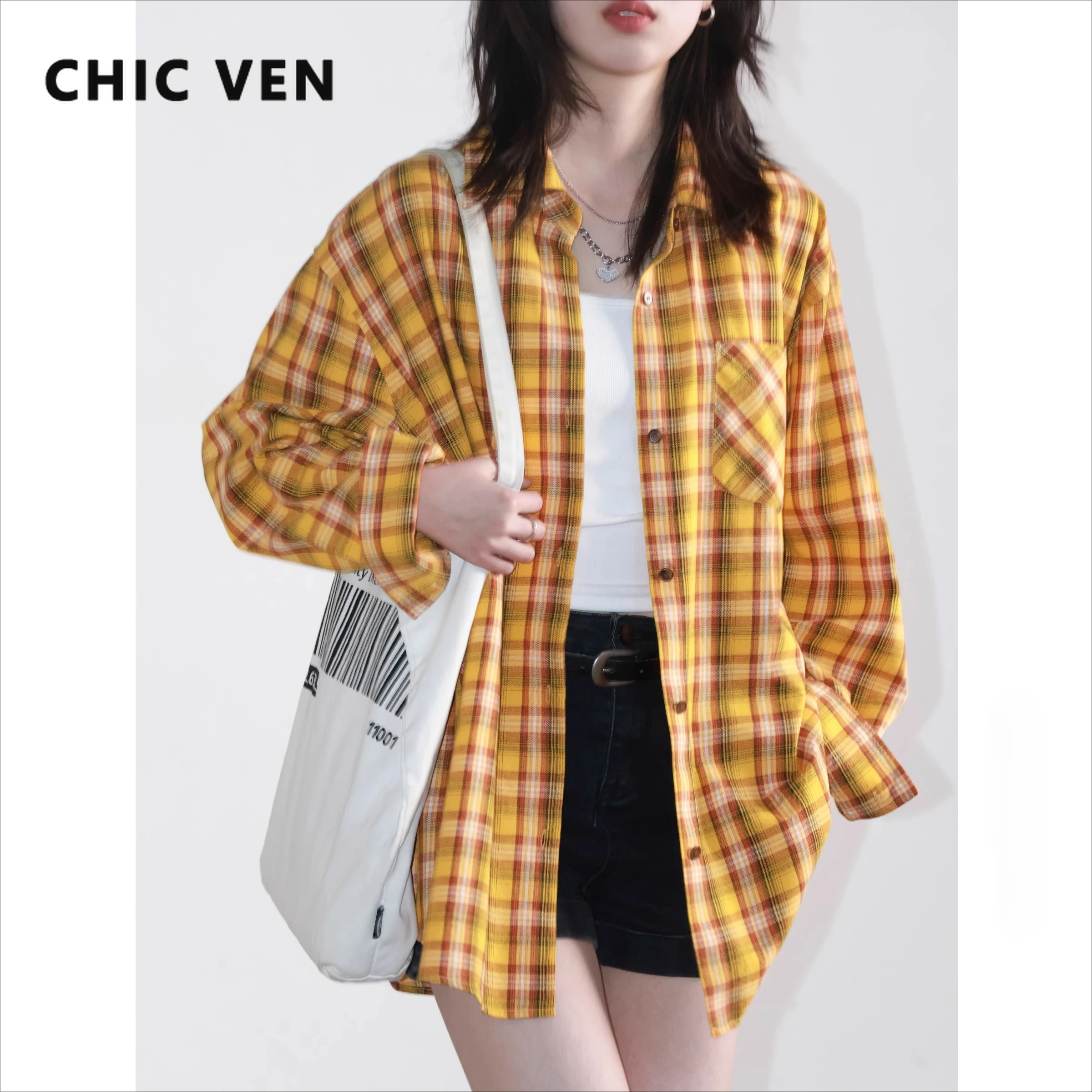 

CHIC VEN Korean Women Shirt Loose Casual Long Sleeve Single Breasted Female Blouses Cotton Yellow Checkered Spring Summer 2025