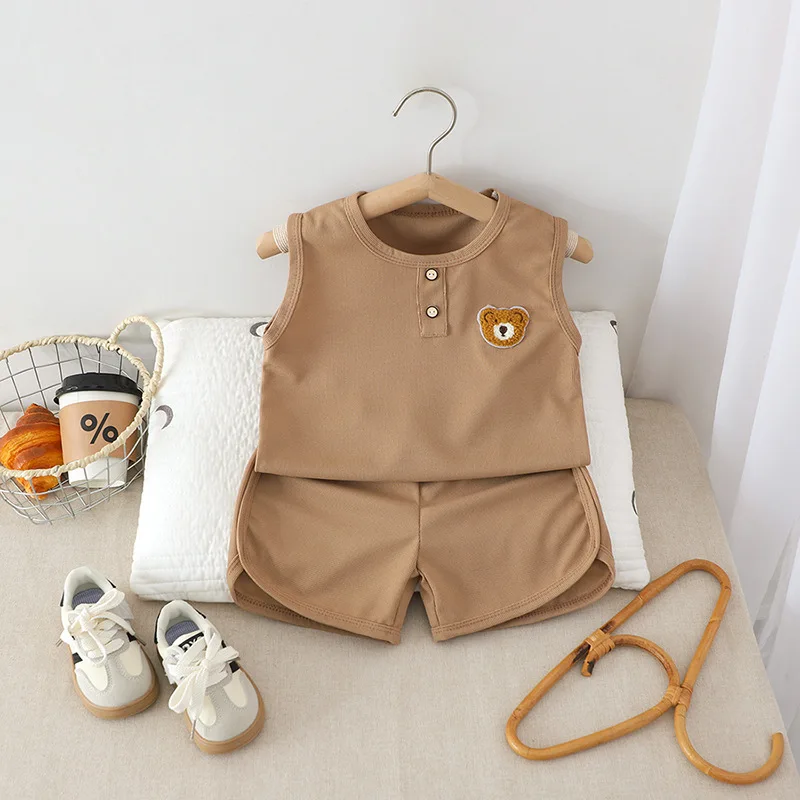 Boys Girls Sleevesless Clothes Suit Kids Bear Patch Thin Summer Outfits Solid Color Vest Top Shorts Children 2pcs Playsuit Set