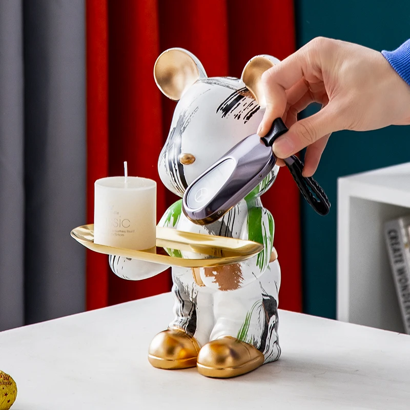 Butler Statue Bear with Tray Key Holder Animal Resin Sculpture Room Decor Ornament Bear Figurine Craft Table Decoration  Art