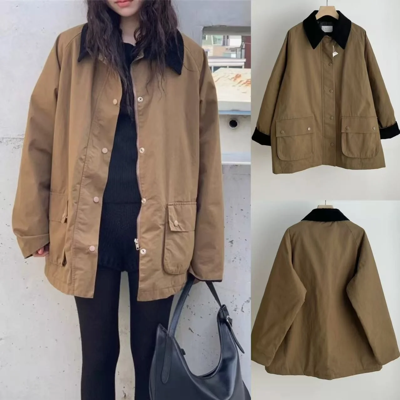 

Retro Corduroy Color Blo Warm Workwear Sle Jaet Women's Long Sve Zipper Closure Color Korean Faion Outerwear