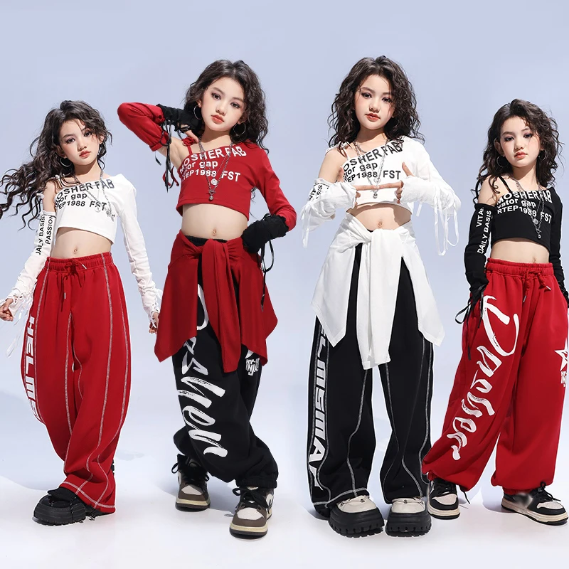 キッズヒップホップダンススーツ、ブラッククロップトップ、ジョガーパンツ、ストリートダンスウェア、ガールジャズダンス、ステージコスチューム、Kpopシャッフルパンツ、赤、2792
