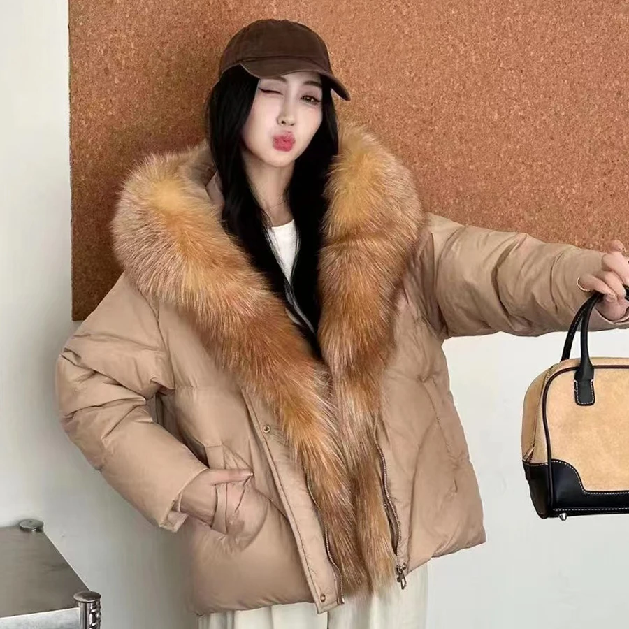 Real Fur Puffer Jacket Women Winter Goose Down Coat With Hood Natural Fox Fur Collar Luxury Short Warm Down Coats