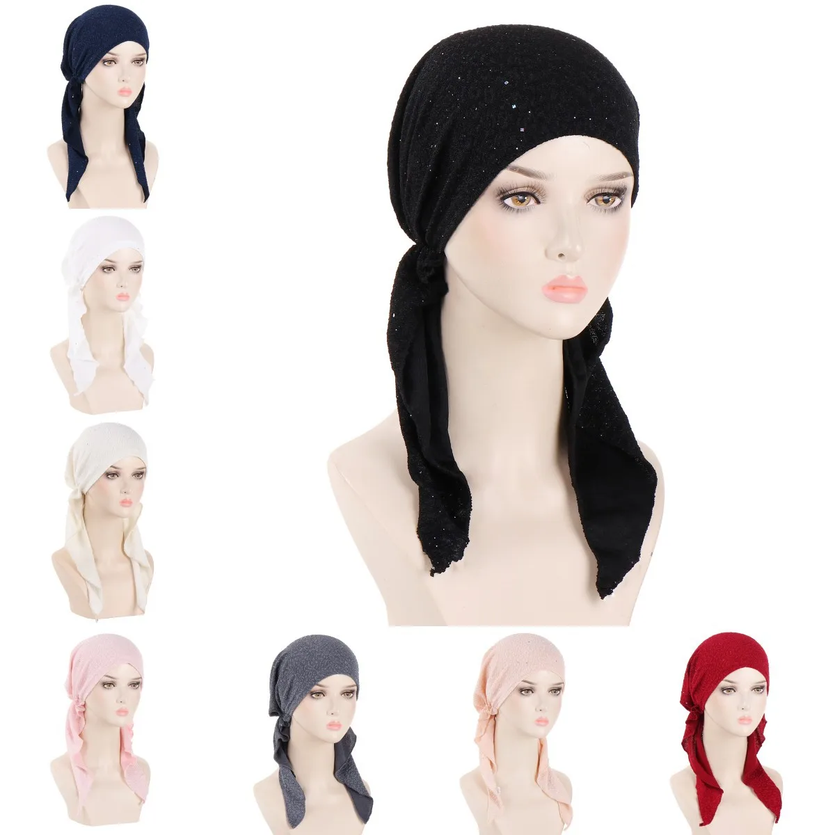 

Glitter Hijabs Turban Long Tail Pre-tied Elastic Head Chemo Cap Hat Bonnet Beanie Hair Accessories Muslim Women Scarf Wrap Mujer