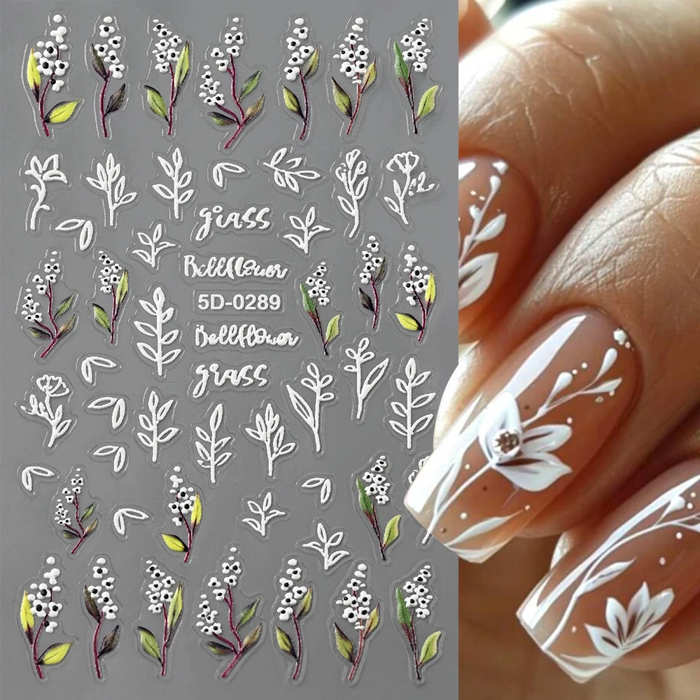 1Pc Plum Blossom 5D Embossed Nail Art Decals White Leaves Flowers Bouquet Adhesive Sliders Nail Stickers Decoration For Manicure