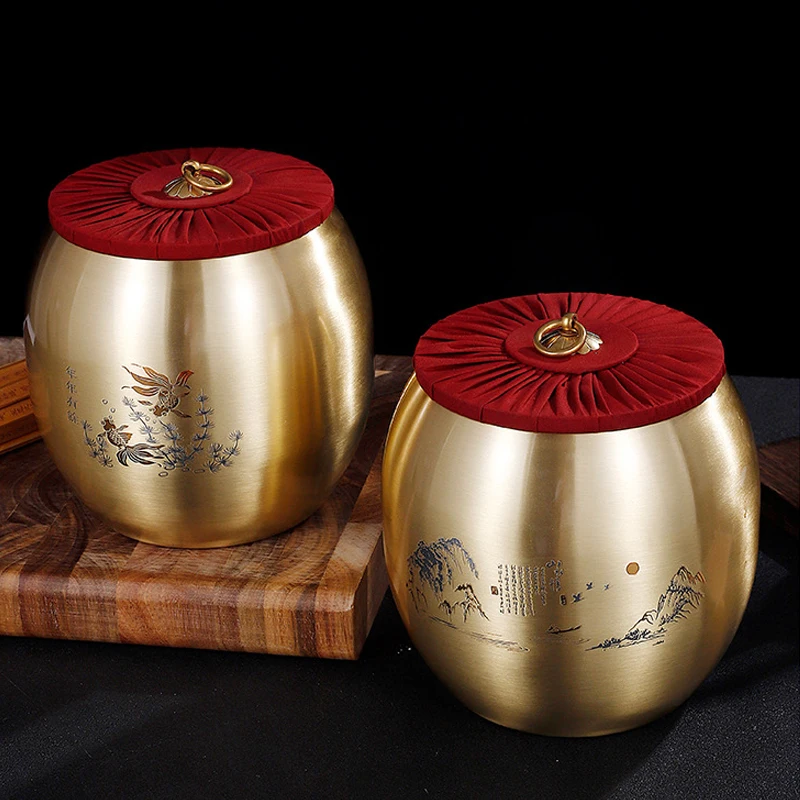 Brass Tea Pot High-grade Sealed Pot Large Brass Household Moisture-proof Tea Storage Pot Pu'er Tea Set Tea Storage Box with Lid