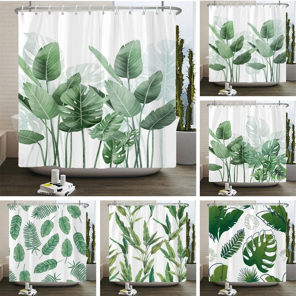 Green Plant Leaves Print Shower Curtains Watercolor Boho Floral Waterproof Morden Bathroom Bathtub Curtain Room Decor With Hooks