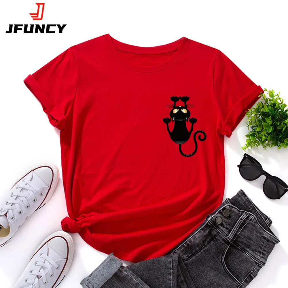 

JFUNCY Oversize Women's Tops Lovely Cat Print Harajuku Tshirt Female Shirts Summer Casual Short Sleeve Basic Tee Cotton T-shirt