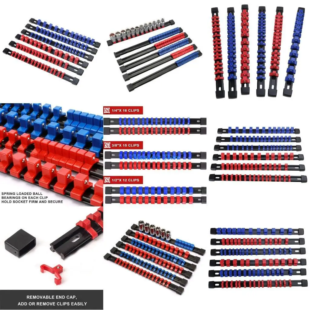 

U2JC 6Pcs Socket Tray Rack Holder Metric SAE 1/4" 3/8" Red Blue Plastic Sleeve Holder Garage Storage Tool