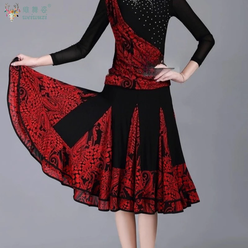 Dame Moderne Schaukel Rock Walzer Ballroom Dance Praxis Rüschen Langen Rock Frauen Ballroom Dance Halb Rock Gedruckt Lange Kleider