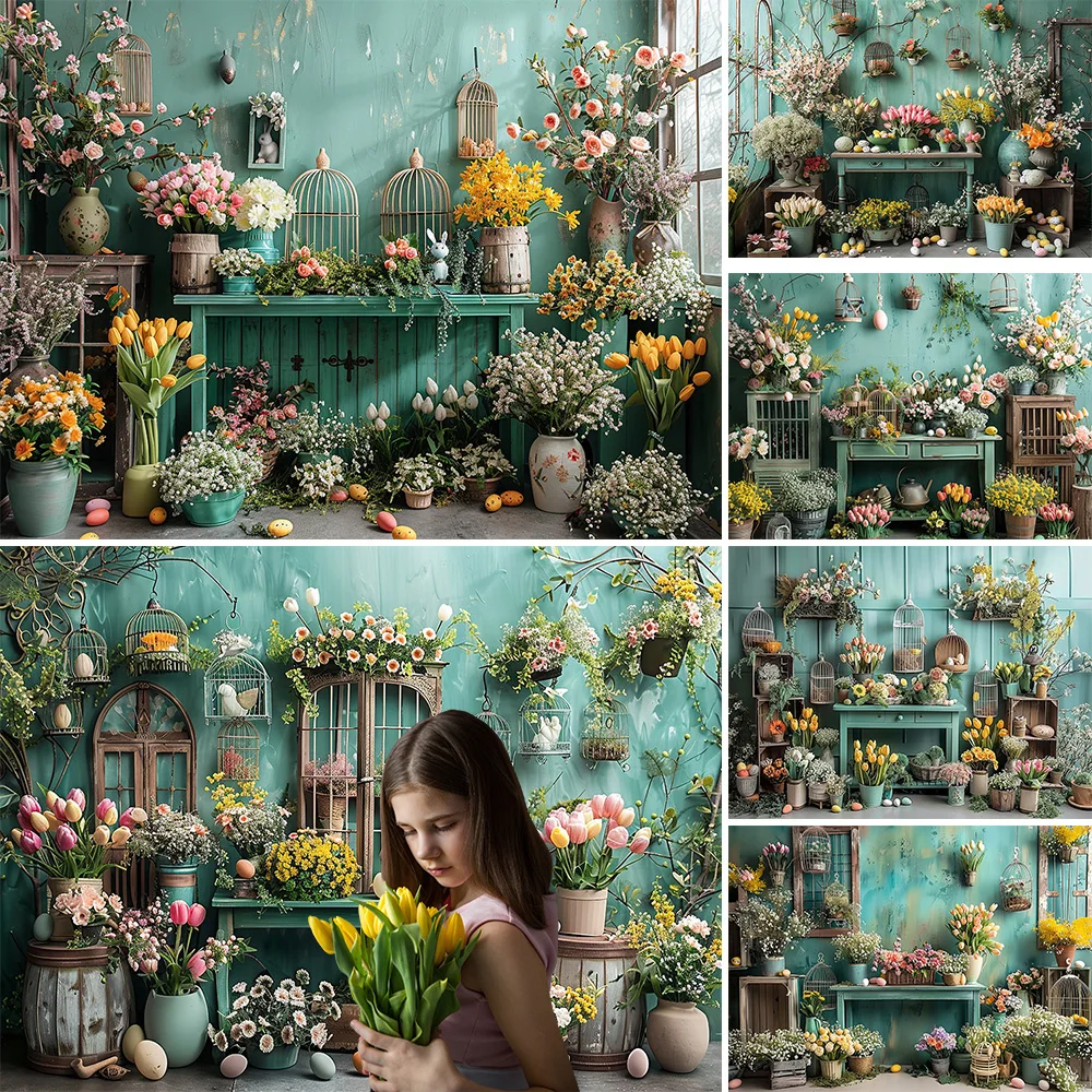 Mocsicka Blue Retro Flower Room Background Studio Tulip Potted Girl Baby Birthday Party Backdrop Floral Shop Spring Photo Booth