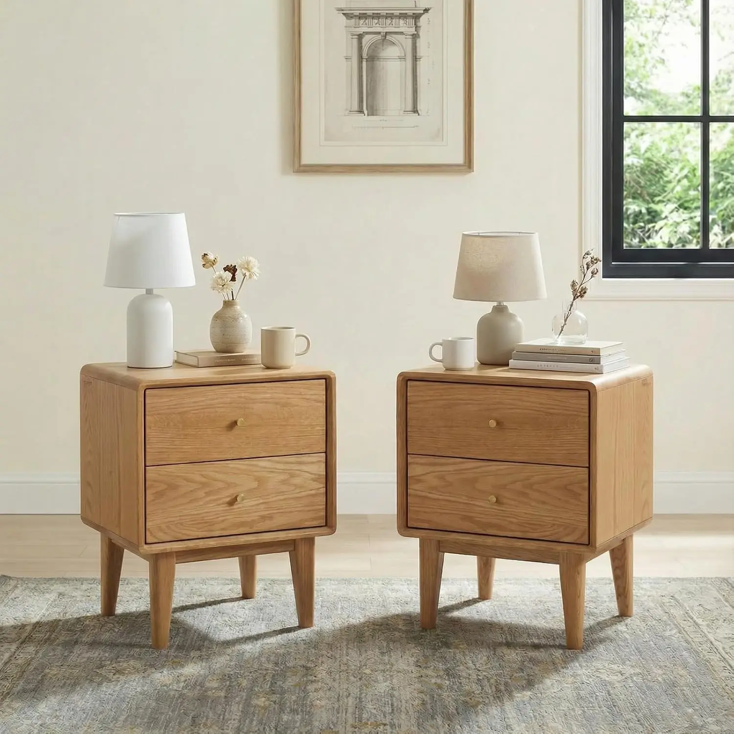Mid Century Modern Nightstand Set of 2, Small Natural Solid Oak Wood Bedside Table with 2 Drawers, Wood Night Stand for Bedroom, 19.69