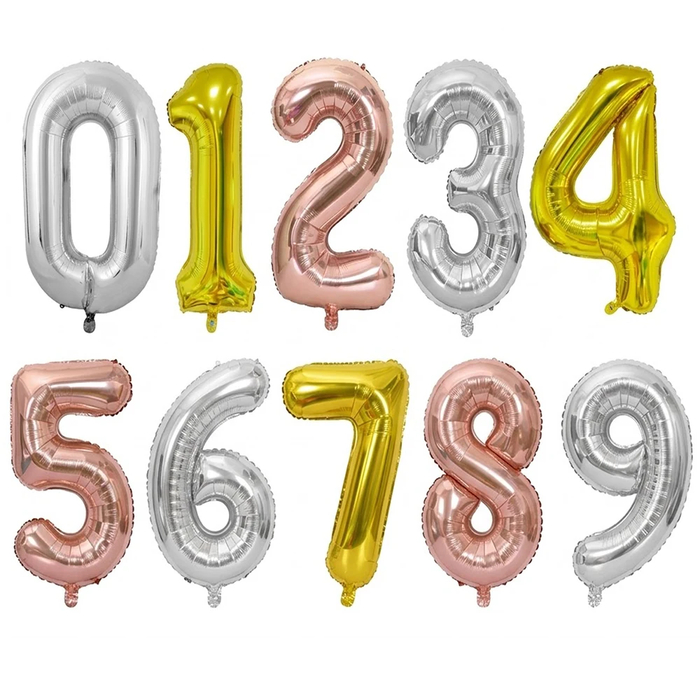 32 Zoll Zahlenballons 0-9 Roségold Silber Ziffernballons aus Aluminiumfolie Buchstaben Happy Birthday Party Dekoration Ballonfigur