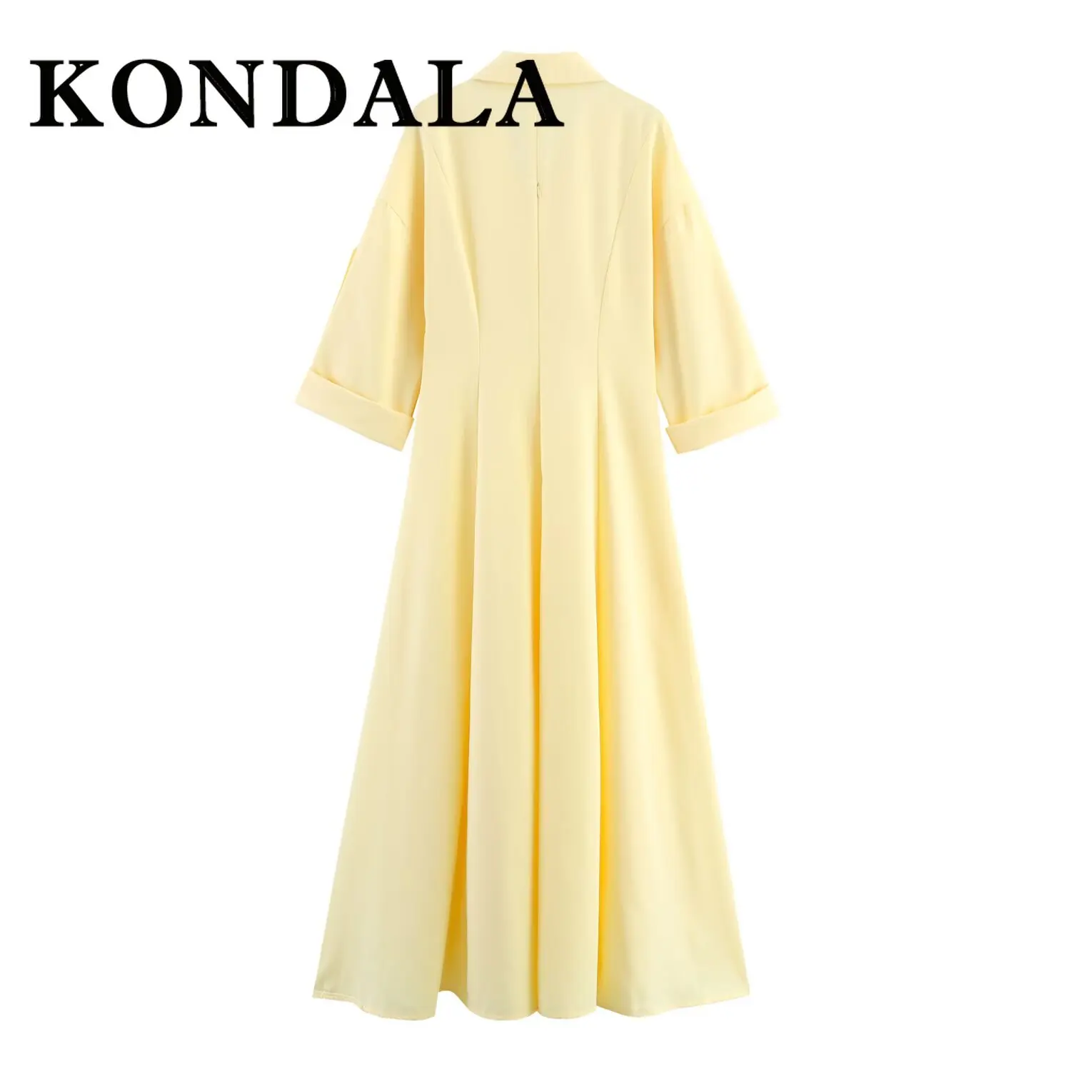 KONDALA Chic Yellow 2025 Woman Dress Half Sleeve V-Neck Long Shirt Dress Zipper Slim Draped Elegant Fashion Female Vestido