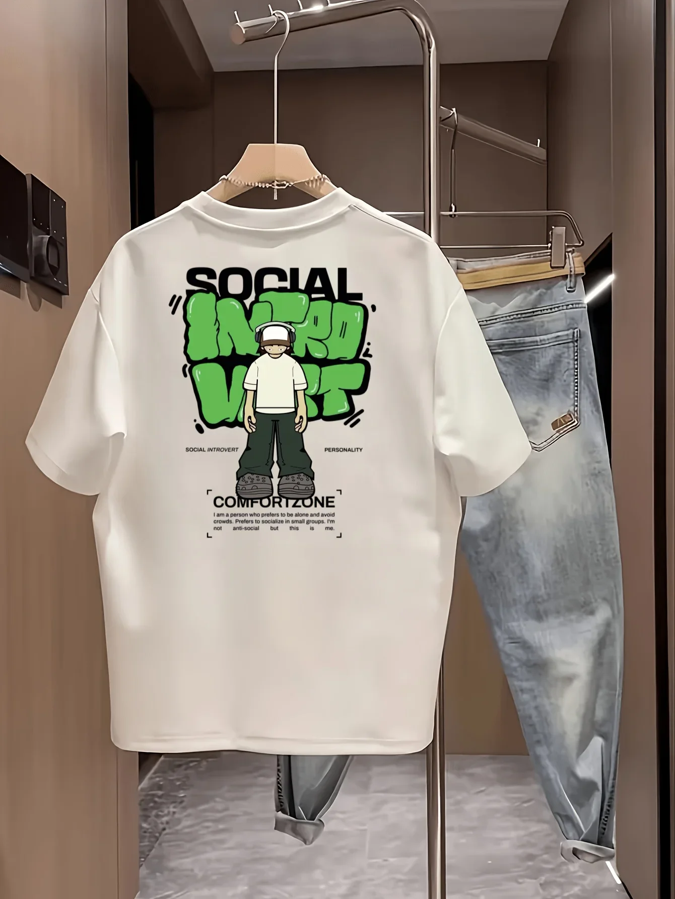 Men's 100% Cotton T-shirt, Graffiti Cartoon Character, Suitable for Social Introverts, Hip-hop Street Style T-shirt.