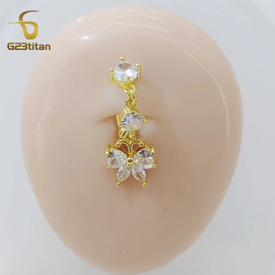 G23Titan Zircon Butterfly Bellybutton Ring Pendant 14G Titanium Steel Bar Anti Allergic Perforated Body Women's Navel Earring