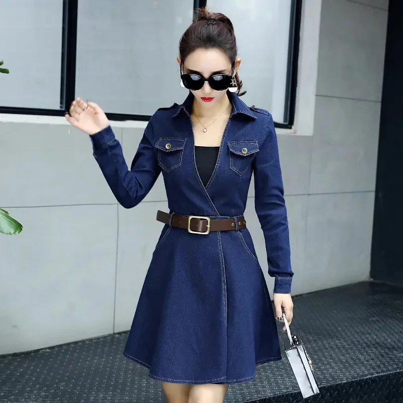 Women's Jacket Denim Dress Spring Autumn Long Sleeve Casual Slim Denim Shirt Dress Lady Mini Jeans Vestidos Female Outerwear