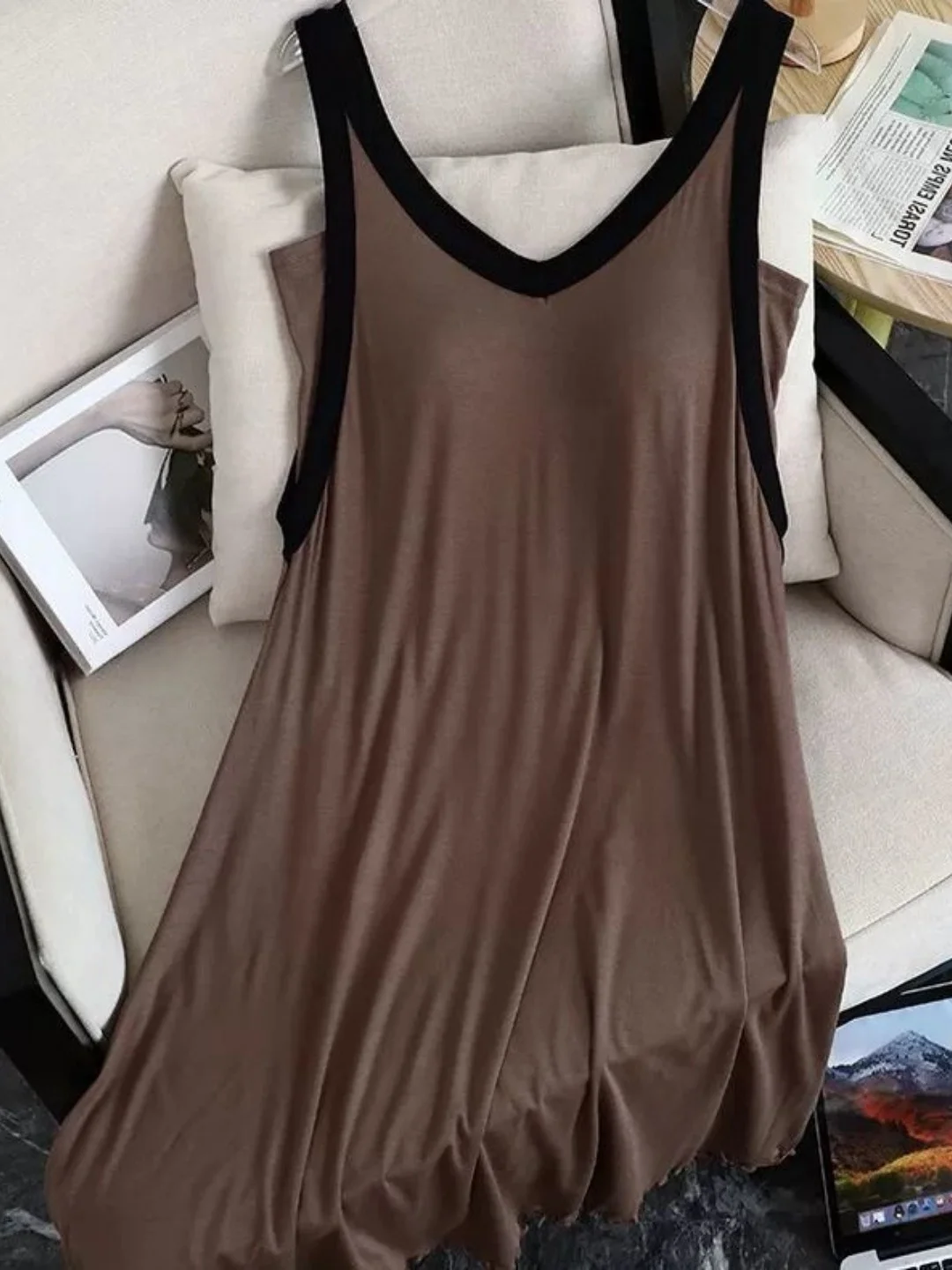 

Summer V-Neck Sleeveless Patchwork Midi Sleepwear Women's Extra Large Size Loose Comfortable Simple Strap Home Clothes