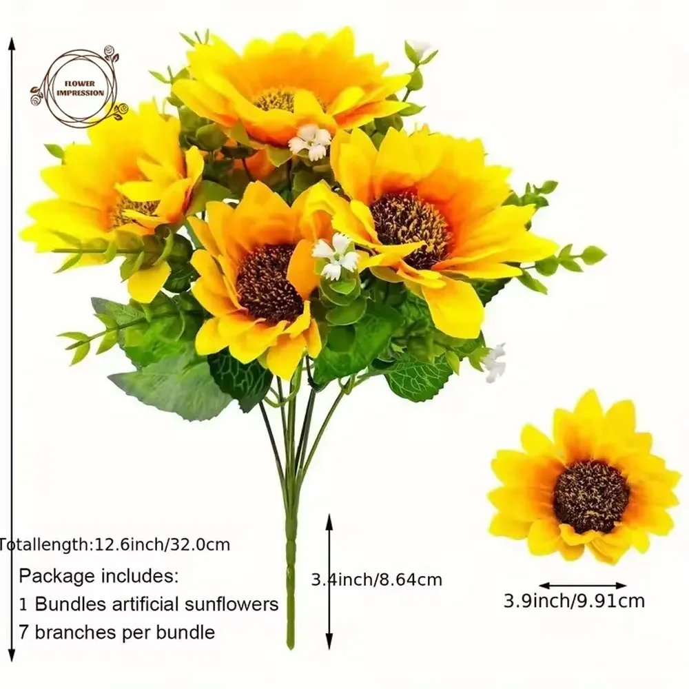 Tallos de girasol artificiales para decoración del hogar, ramo con tallo, resistente a los rayos UV, para interior, boda, cocina, mesa, 2 piezas