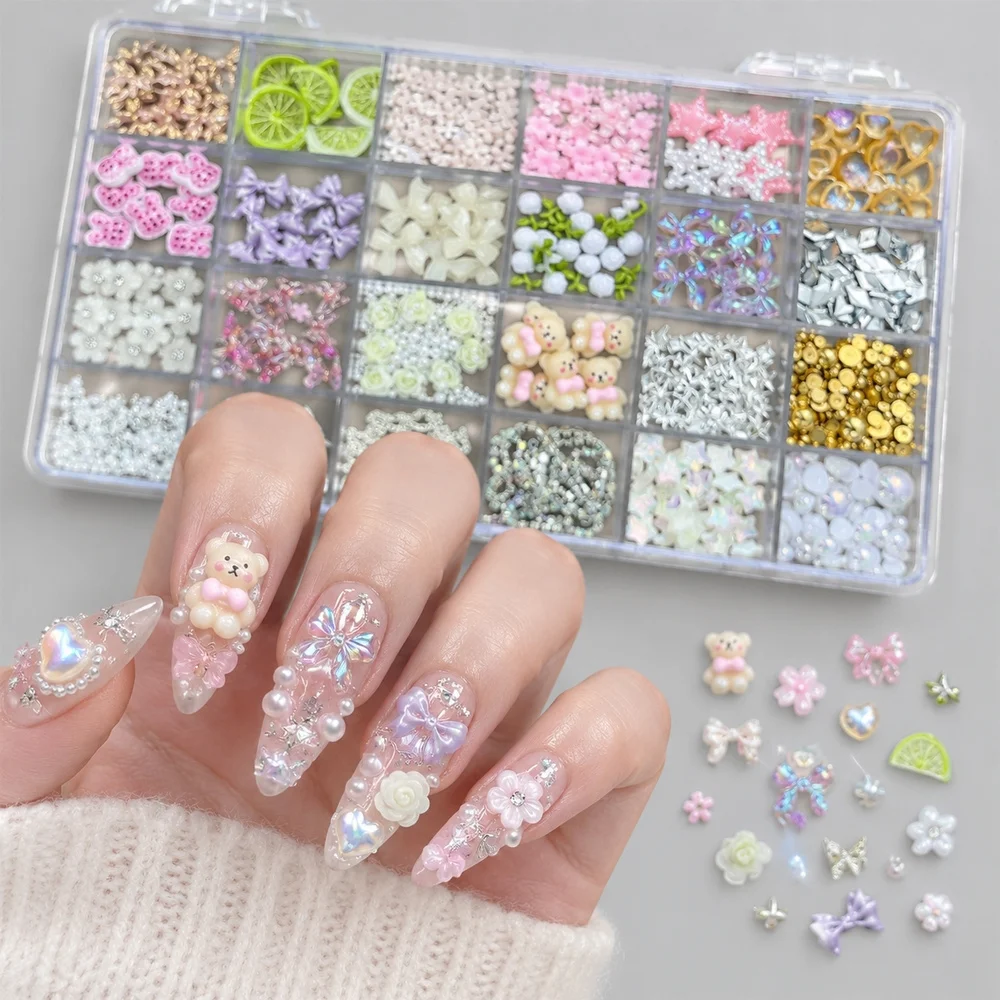 24Grids Multi-style Nail Embellishments Elegant Pearl Flower Bow Rhinestone Chain Resin for Wedding Event DIY Manicure Nail Art