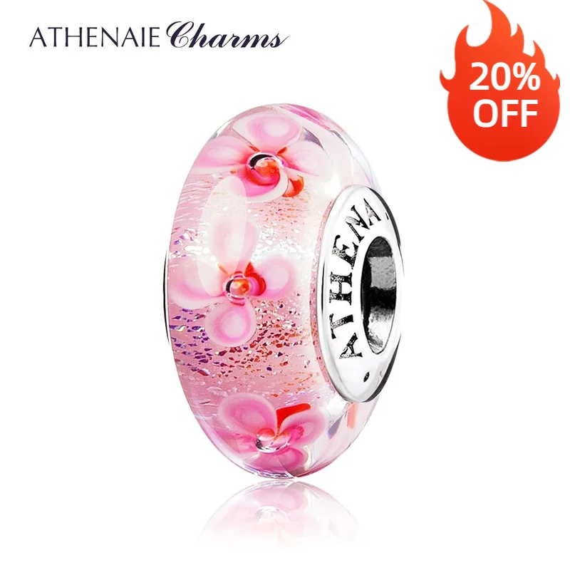 

ATHENAIE 100% 925 Sterling Silver Core Pink Field of Flowers Murano Glass Beads Fit European SStyle Women Charm Bracelets Bangle