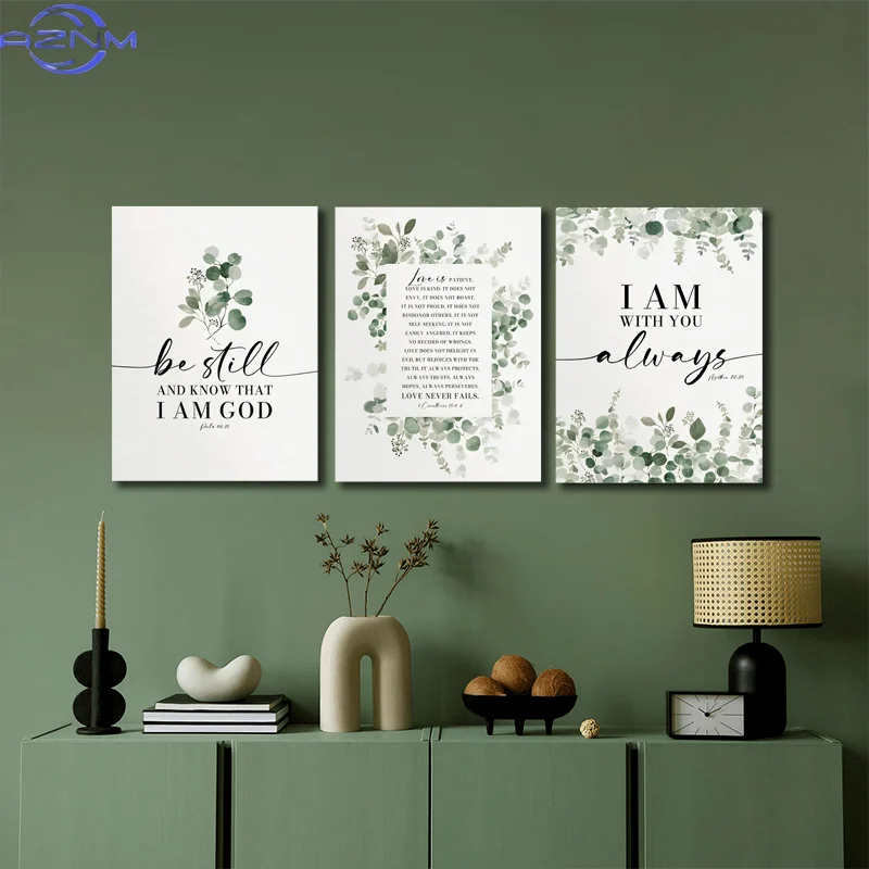 3pcs  Frame Canvas Painting, Bible verse christian wall art, Eucalyptus botanical green bedroom decor, scripture biblical quote