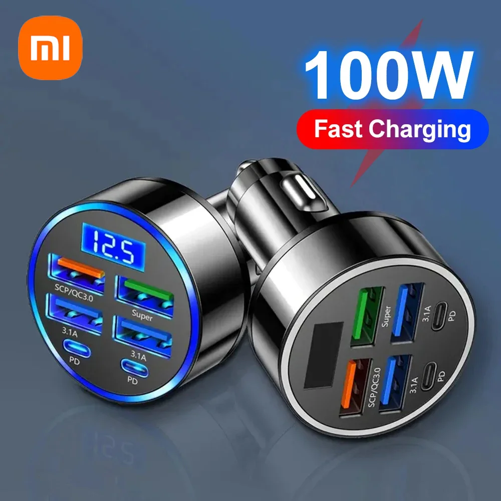 

Xiaomi 100W 6 Ports Car Charger Fast Charging PD QC3.0 USB C Car Phone Charger Type C Adapter in Car For iPhone Samsung Huawei