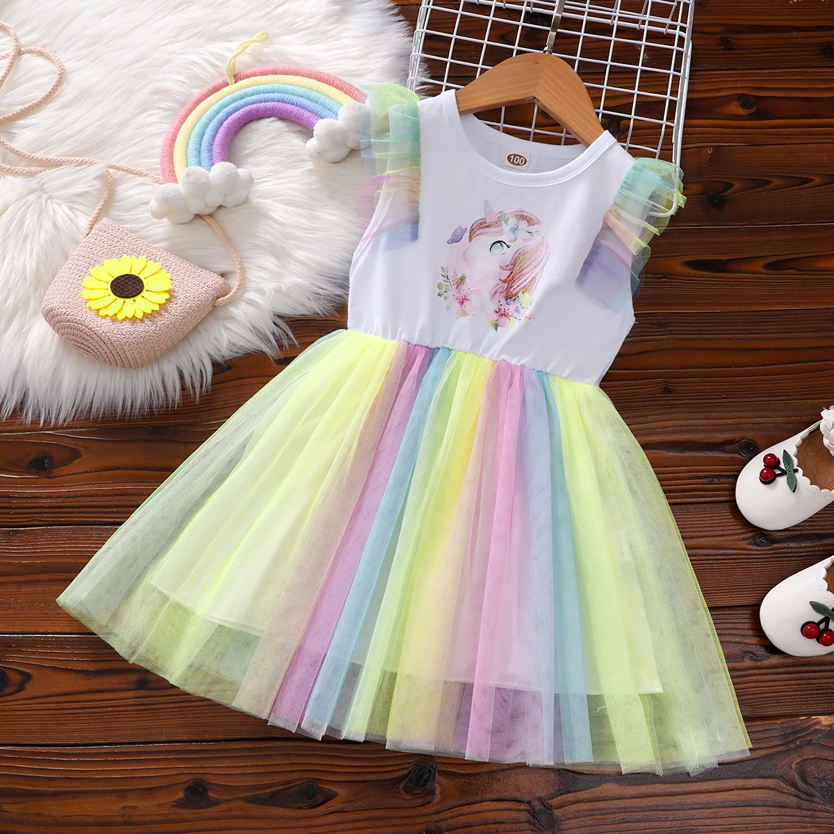 Kinderkleidung, Mädchen-Sommerkleid mit Einhorn-Motiv, farbiges Tüllkleid für Mädchen, geeignet für 1-8 Jahre, Sommerkleid für den Vergnügungspark