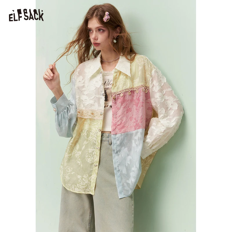 

ELFSACK Vintage Mixed Media Colorful Jacquard Lace Trim Long Sleeve Shirt For Women