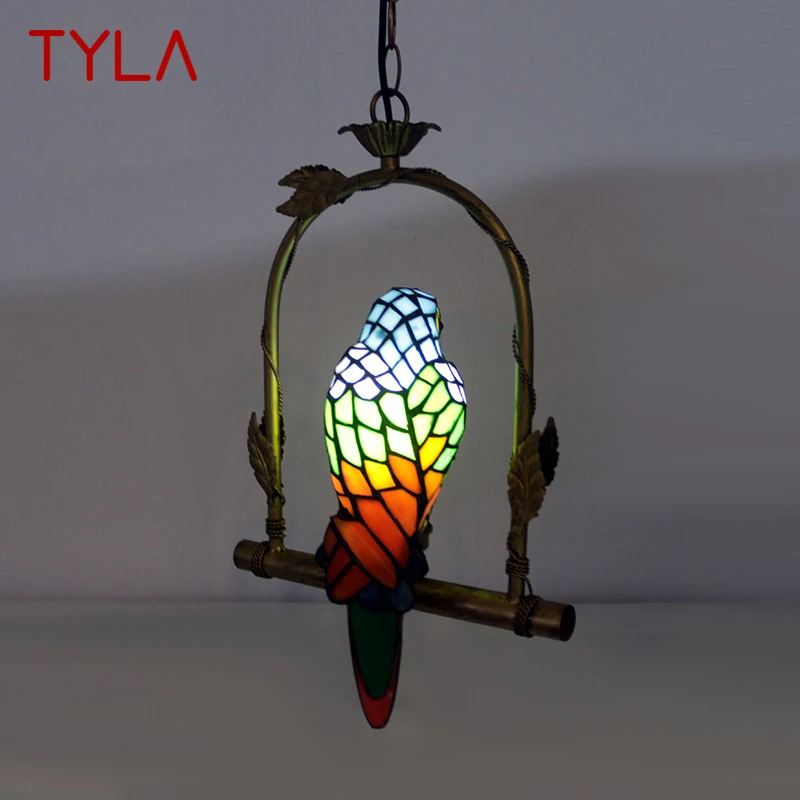 TYLA Tiffany Parrot Pendant Lamp LED Vintage Creative Glass Hanging Light for Home Decor Balcony Study Aisle Chandelier