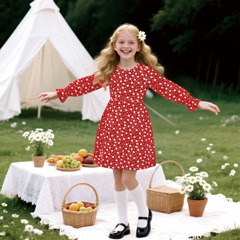 

2025 Girls' Casual Fashion Fresh Small Floral Print Dress