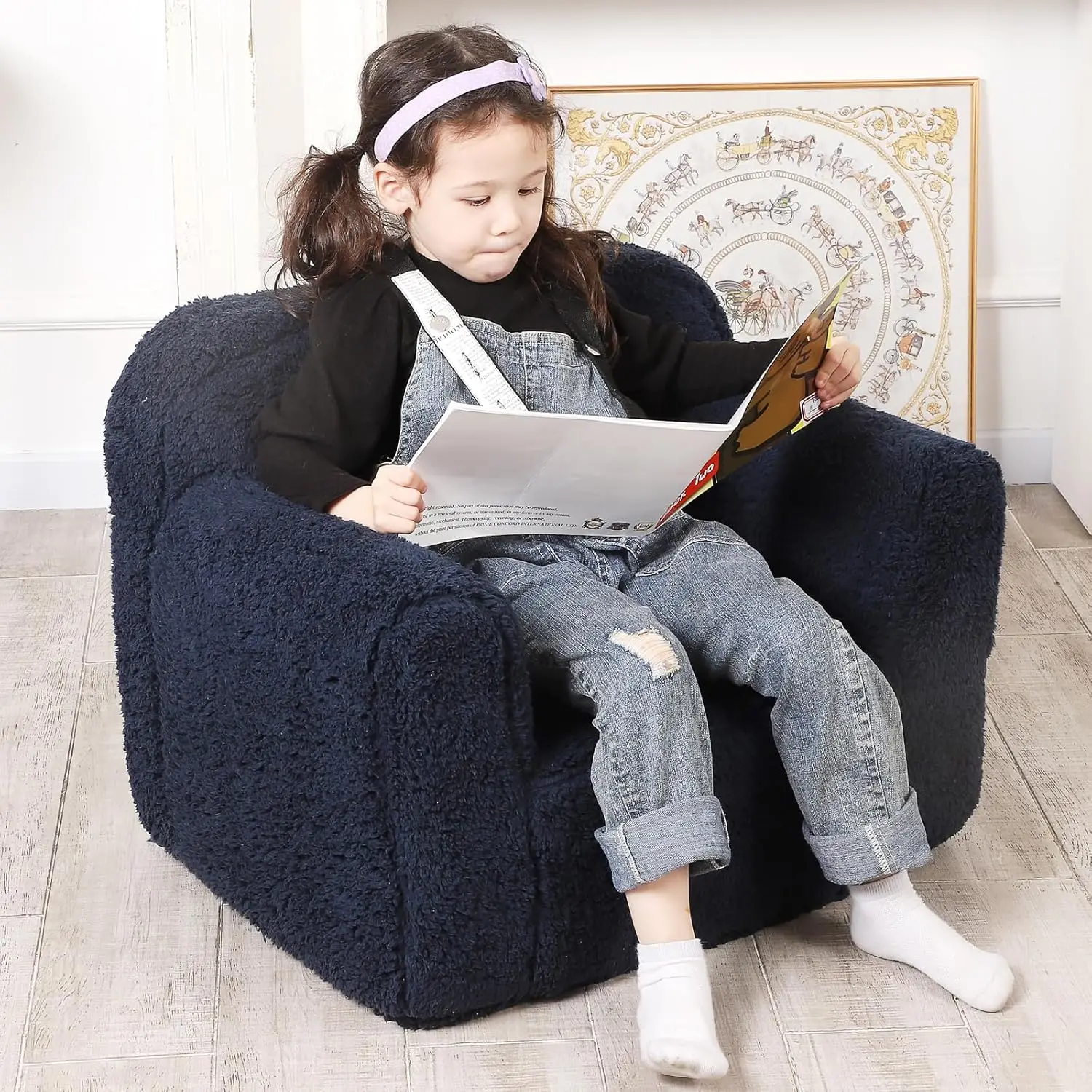 Chaise sherpa câline pour enfants, chaise en mousse douce pour tout-petits, garçons et filles, bleu foncé