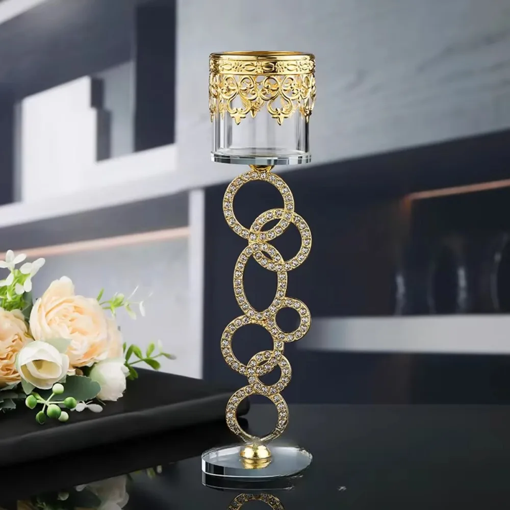 Diamond-encrusted Cylindrical Candle Holder Iron Art Charming Metal Butter Lamp Holder Light Luxury Glass Candlestick