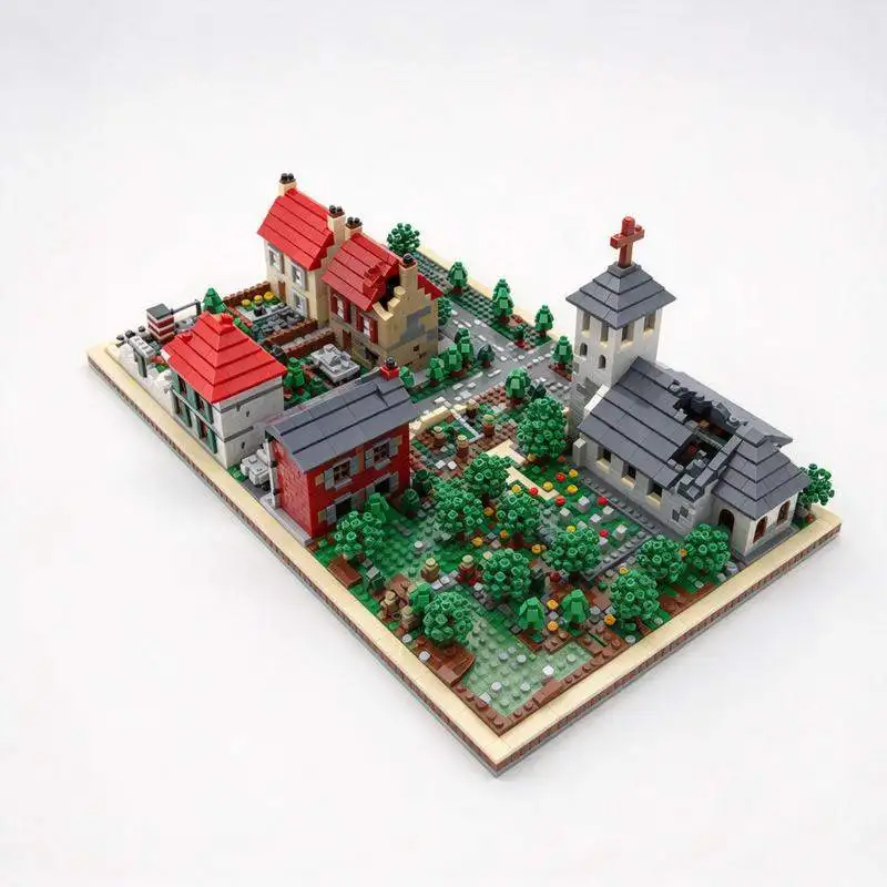 5875PCS Micro Scale Historic War Torn Village Church Diorama Model Custom Creative Building Blocks DIY Educational Toy Gift Set