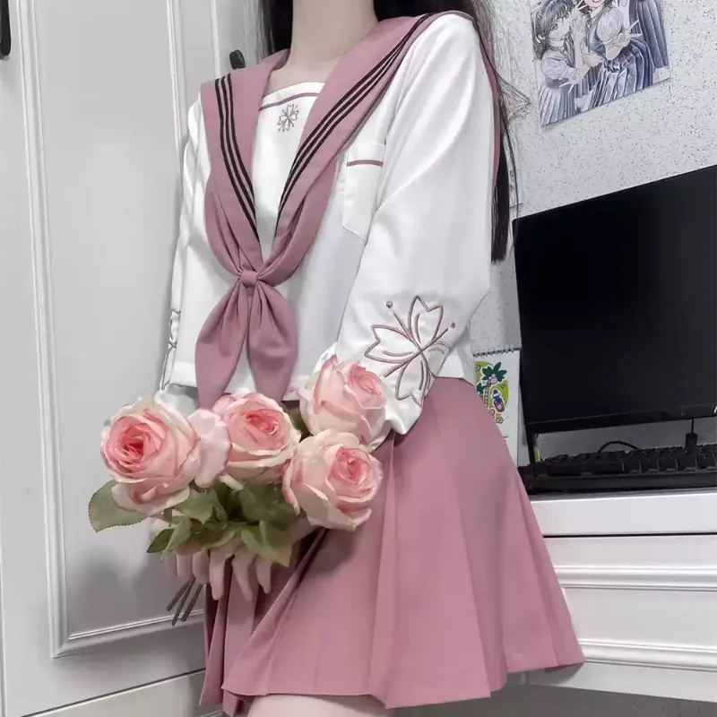 Uniforme scolaire japonais Kawaii pour femmes, broderie de fleurs, chemisiers, jupe plissée, ensemble complet pour filles, uniformes JK sexy Harajuku