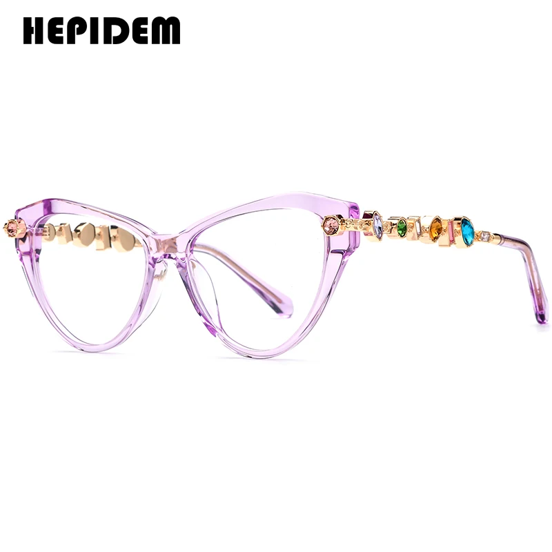 FONEX HEPIDEM Acetate Metal Diamonds Glasses Frame Women Cat Eye Brand Design Eyeglasses Fashion Eyewear Spectacles 9400