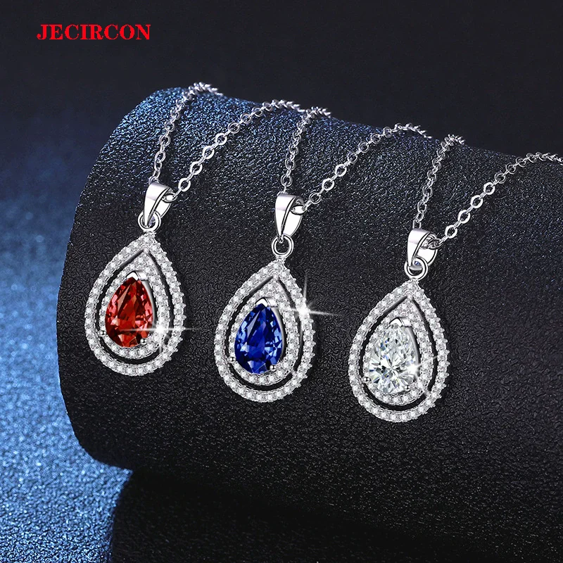 

JECIRCON S925 Sterling Silver Women's Necklace with 1 Carat Teardrop Moissanite & Red/Blue/Green Lab-Grown Gemstone Pendant
