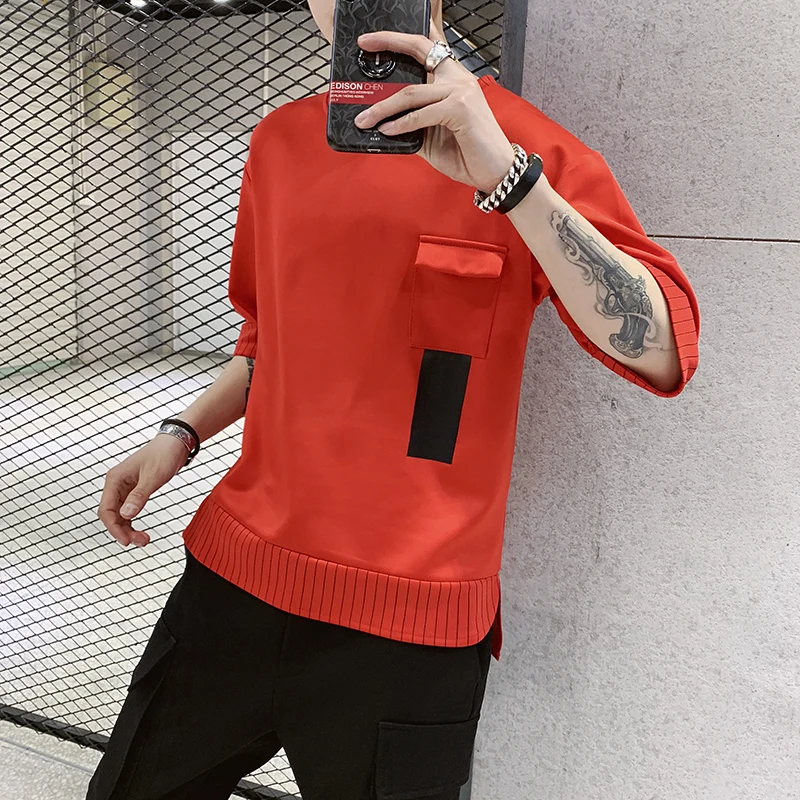 Korean Youthful Vitality 3/4 Sleeve T-shirts Summer Fashion Striped Patchwork Men\'s Clothing O-Neck Casual Pockets Pullovers New