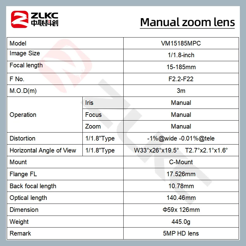 ZLKC 15-185mm Zoom Lens CCTV Camera 1/1.8 Inch Sensor F2.2 C-Mount Lens 5MP Surveillance Video Camera Manual Iris Lenses