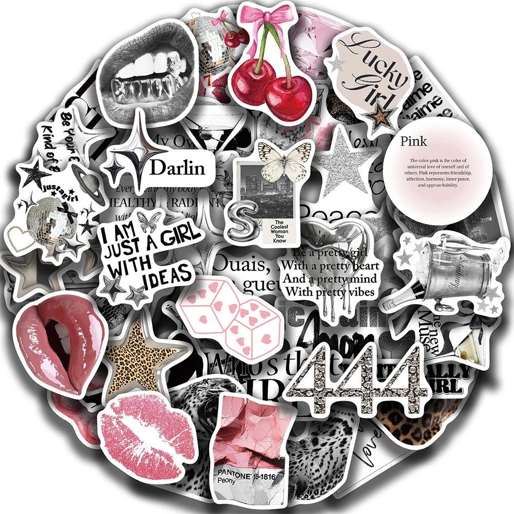 

10/30/50pcs Vintage Y2K Silver Lucky Girl Stickers Ins Style Cartoon Aesthetic Sticker Scrapbook Luggage Phone Decals Decoration