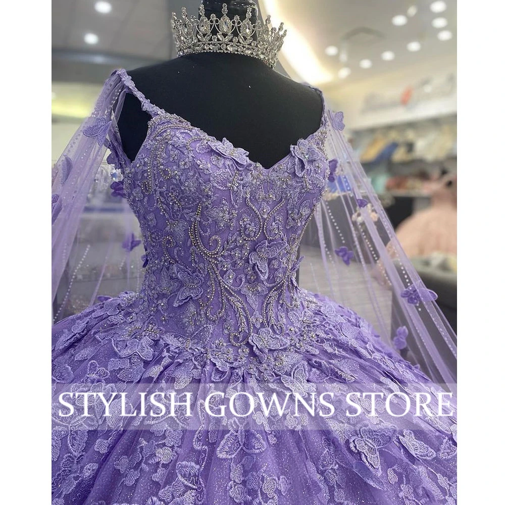 Mexico Purple Sweetheart Ball Gown Quinceanera Dress For Girl Beaded 3D Flowers Birthday Party Gowns With Cape Prom Sweet 16