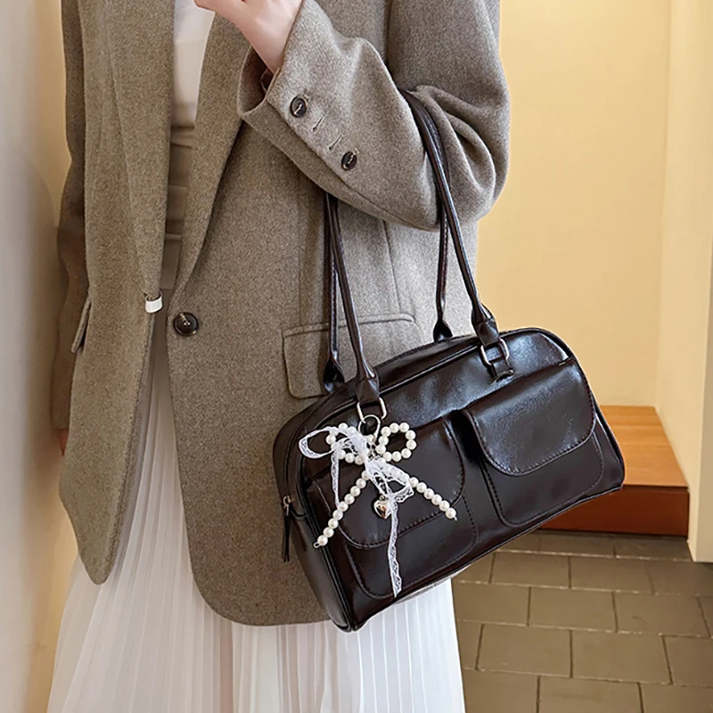 New Large Capacity Brown Bowling Handbag Women's Shoulder Bag Retro Korean INS Style Autumn Winter Fashion Trend Bag