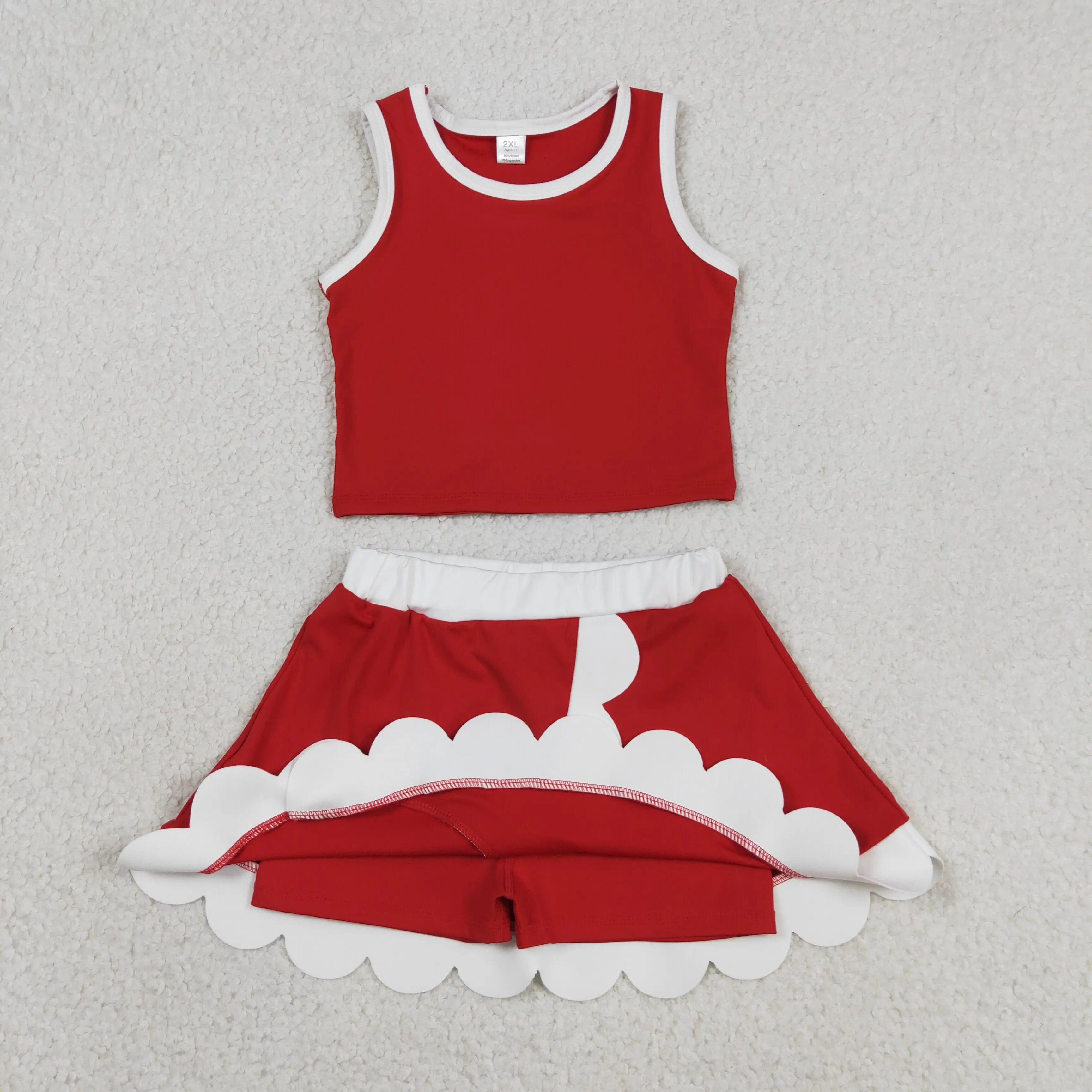 Wholesale Toddler Red Shirt Ruffle Skirt Shorts Kid Skort Set Athletic Clothes Baby Girl Yoga Active Summer Clothing