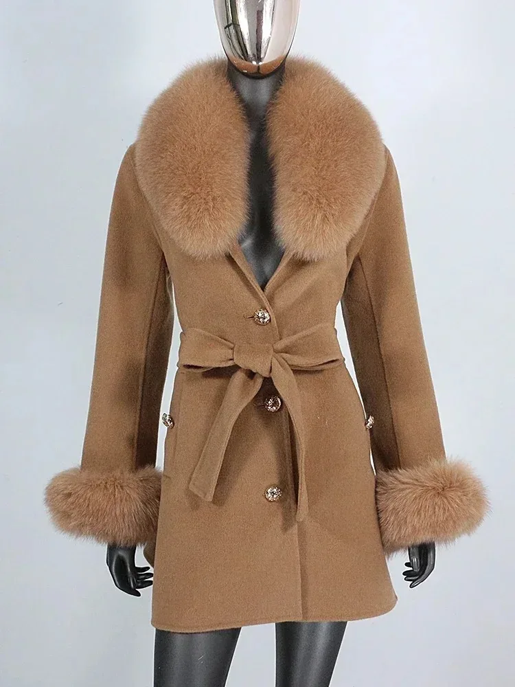 Elegant Woolen Coat Real Fur Coat Winter Jacket Women Natural Fox Fur Collar Cuffs Belt Cashmere Woolen Outerwear Streetwear
