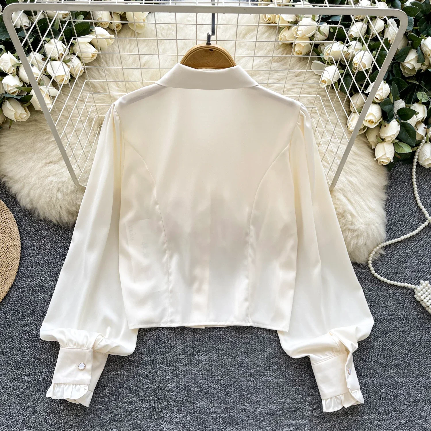 Basics Polo-neck Vintage Long Lantern Sleeve Elegant Lace Chic Single Breasted Top French Streetwear High Street Autumn Blouse