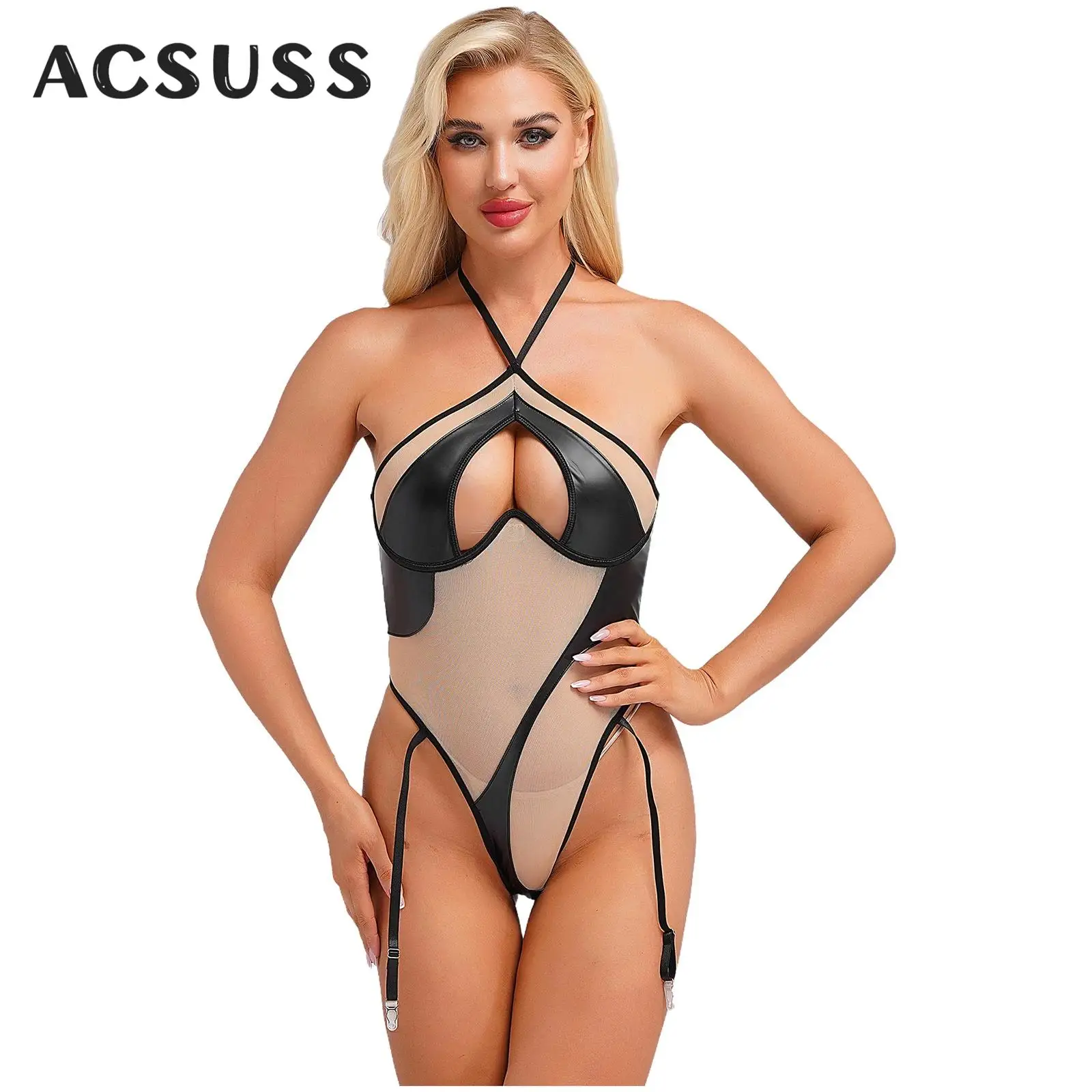 

Women Sexy Lingerie Bodysuit Sleeveless Cut Out Teddies Jumpsuit with Garter Straps Mesh PU Leather Underwear Nightwear Bikini
