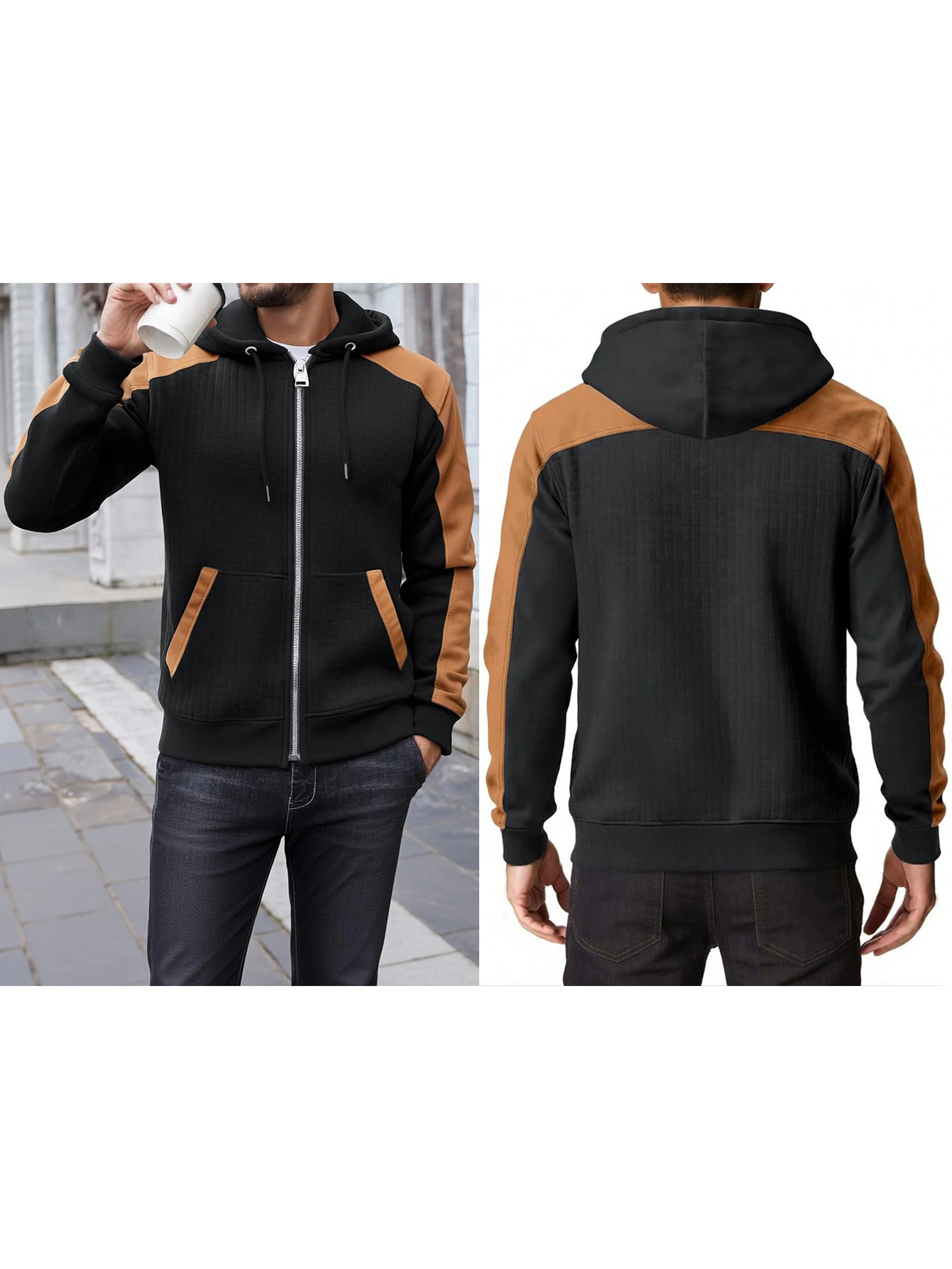 

Men s Hooded Zip-Up Sweatshirt with Long Sleeves and Drawstring - Casual Fleece Lined Jacket with Contrast Color