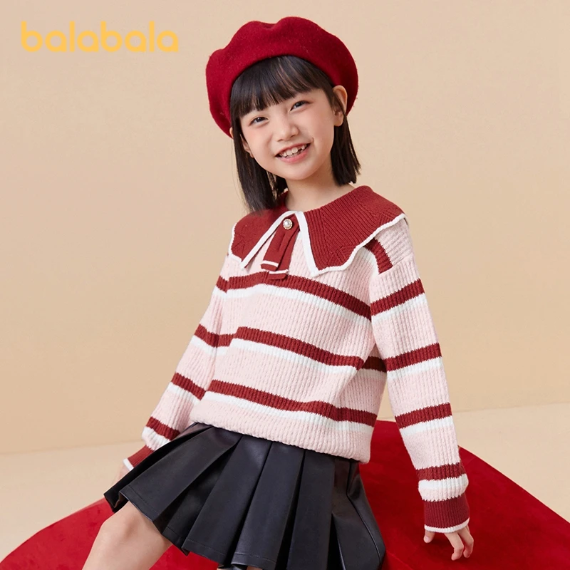 

Balabala Kids Girl Sweater 2024 Spring New Fashion Lace Collar New Year Red Knitted Sweater