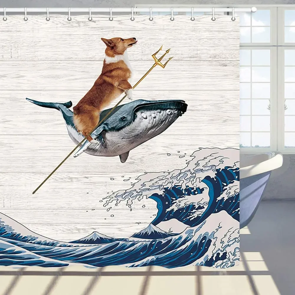 Funny The Corgi Rides a Whale On Huge Waves Rustic Wooden Board Kanagawa Great Wave Fabric Shower Curtain