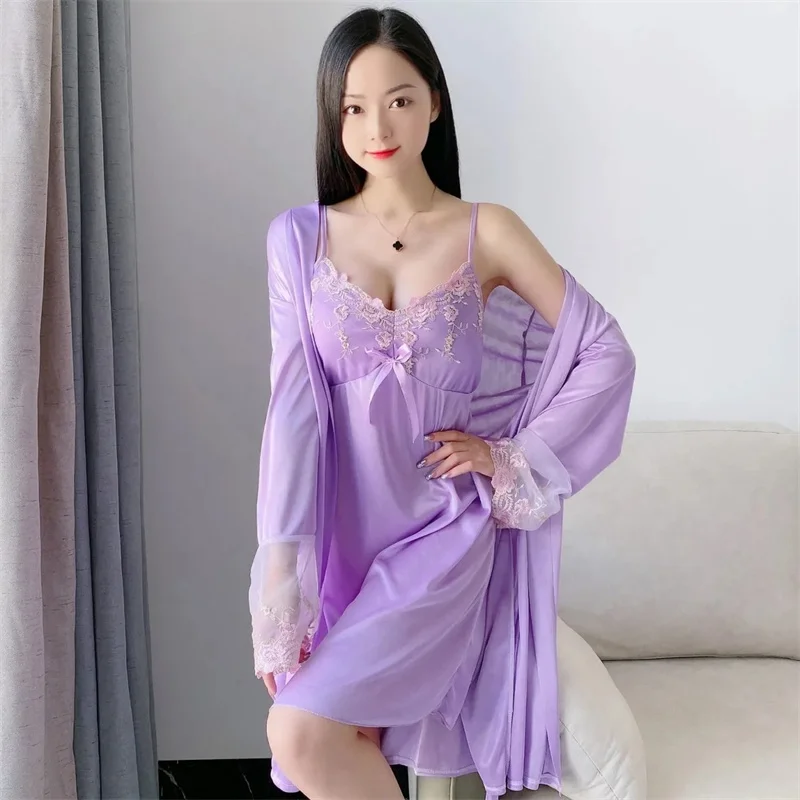 Robe Gown Sets Women 2pcs Solid Ice-silk Trendy Casual Lace Up Home Popular 3XL Loose Nightwear Sexy Thin Womens Bathrobe Chic